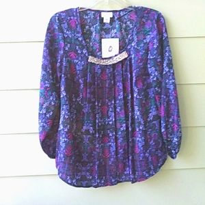 HolidayMulticolor Top Clear Stones Silver Tone Beaded Neckline 3/4 SL SZ S NWT